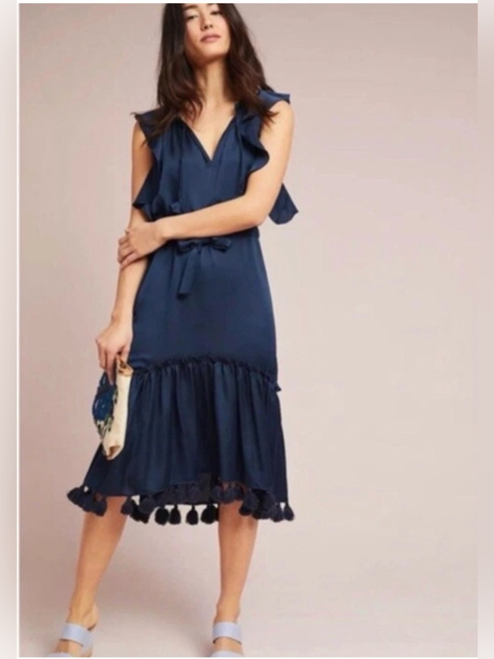Misa Navy Leonora Ruffle Flounce Tassle Fringe Drawstring Dress